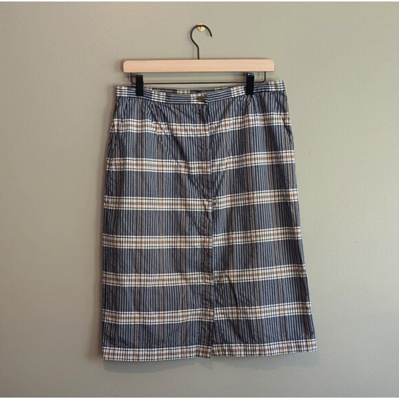 Pendleton Size 10 Straight Skirt Blue Gray Stripe Button Up Dress Cotton Liner - Picture 1 of 4